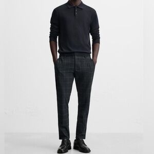 Zara  Slim Fit Comfort Trousers With Elastic Back. Navy blue/Grey check plaid